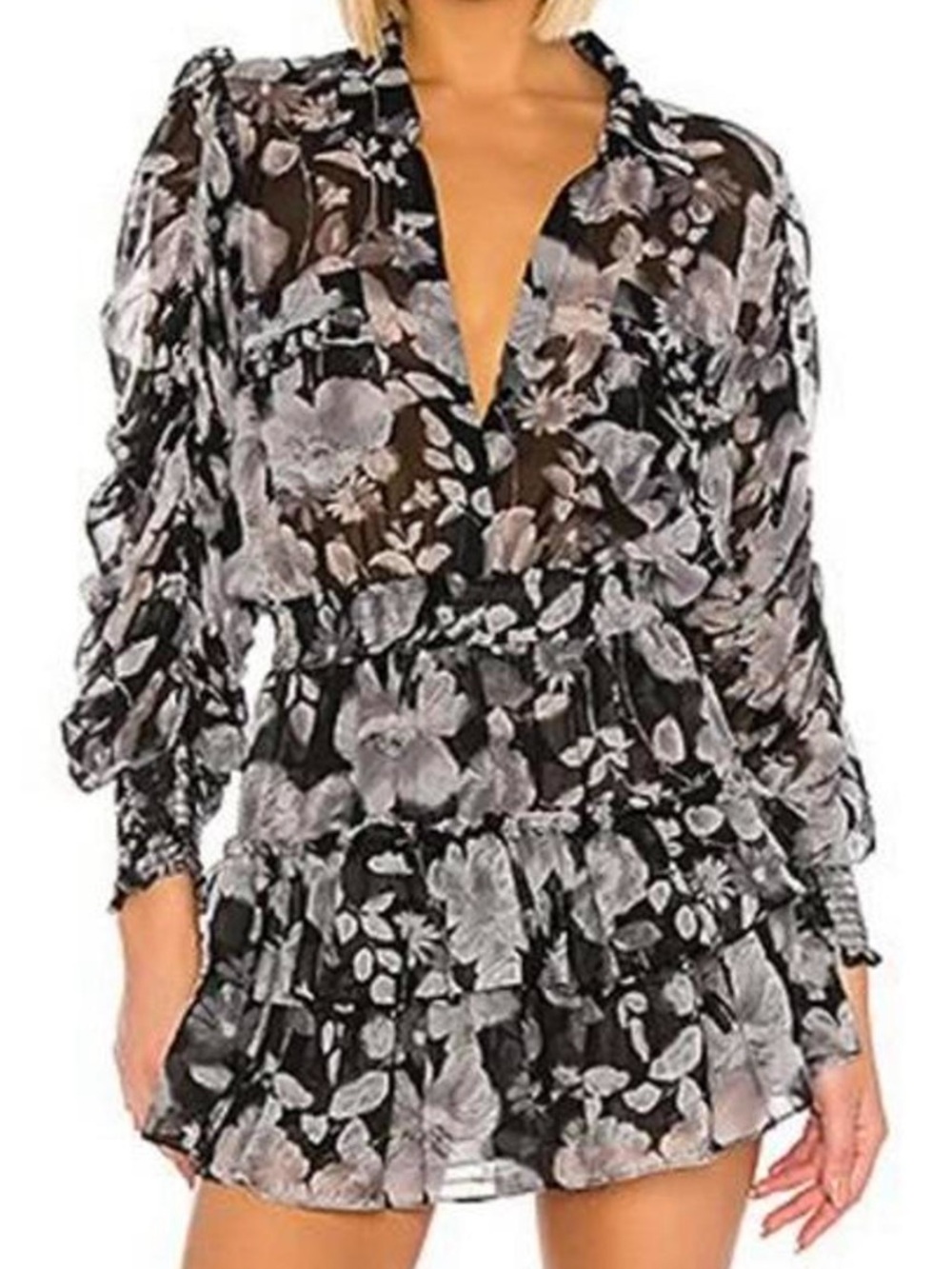 NWOT! Misa Los Angeles Adora Ruffle Dress Gray/ Black Floral Chiffon - Size M